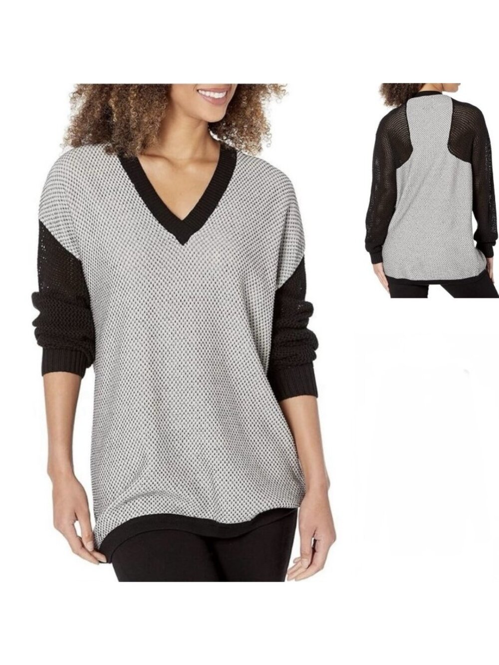 Lysse Helen Mixed Knit Sweater Size Large Women V Neck Pullover 23-2261-M7 Black